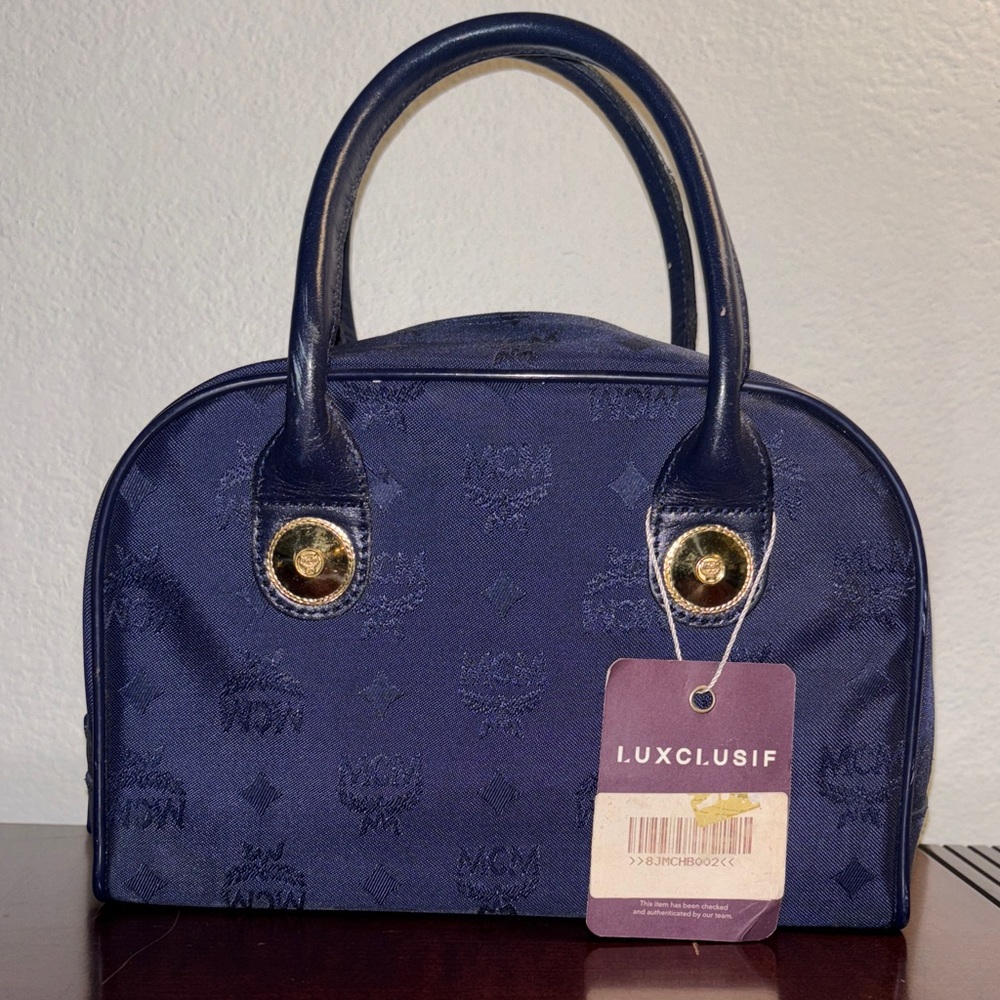 MCM Boston Handbag Dark Blue with Gold Accents